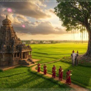 A majestic aerial view of Haveri's landscape at golden hour, featuring the iconic 12th-century Siddhesvara Temple complex in intricate Hoysala architecture with detailed stone carvings in the foreground. The scene transitions into lush green paddy fields stretching to the horizon, dotted with traditional Karnataka-style houses with red-tiled roofs. A group of local women in traditional Ilkal sarees (in deep maroon and peacock blue) walk along a winding path carrying brass pots. The sky features dramatic clouds in soft pastels, with rays of sunlight breaking through. In the mid-ground, a beautifully decorated elephant wearing traditional Karnataka temple decorations stands near a banyan tree adorned with hanging roots. Artistic elements include intricate Madhubani-style border patterns, floating lotus flowers, and subtle mandalas in the sky. The lighting is warm and ethereal, with golden sun rays creating a mystical atmosphere. The scene should blend photorealistic details with stylized Indian art elements, maintaining a modern, sophisticated aesthetic while showcasing the region's cultural heritage.