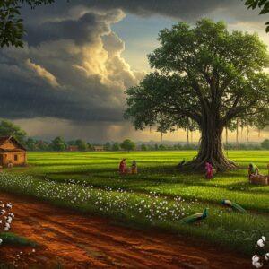 A serene panoramic view of Haveri's countryside during monsoon, featuring lush green paddy fields stretching to the horizon, with traditional Karnataka-style mud houses with red-tiled roofs in the foreground. Dark monsoon clouds hover dramatically overhead, with golden sunrays breaking through. A majestic banyan tree stands prominently, its aerial roots swaying in the wind. In the middle ground, women in colorful traditional Karnataka sarees (deep purple, forest green) work in the fields. The scene includes scattered cotton plants with white blooms, representing the region's agriculture. The lighting creates a dramatic contrast between sunny and overcast areas, with rain visible in the distance. The foreground features typical red laterite soil of the region. The art style combines hyperrealistic digital painting with traditional Pattachitra patterns in the clouds and foliage, using rich earth tones contrasted with monsoon blues and greens. Small details include peacocks seeking shelter under trees and water droplets on leaves glistening in the sunlight, photorealistic, golden hour lighting, atmospheric perspective.