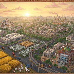 A panoramic aerial view of Haveri city at sunset, rendered in vibrant Madhubani-inspired art style with intricate patterns. The foreground shows modern industrial facilities with golden wheat fields merging into textile manufacturing units, represented through detailed geometric patterns in deep saffron and maroon. Traditional Indian artisans working on handlooms are depicted in miniature Pattachitra style, wearing colorful traditional Karnataka attire. The middle ground features modern infrastructure - highways and railways depicted as flowing golden lines interconnecting various parts of the city. The background showcases modern buildings and development projects rising from traditional architecture, illustrated with peacock blue and gold accents. Traditional motifs of lotus flowers and mandalas are subtly integrated into the industrial elements. The scene is illuminated by a warm, ethereal glow, with soft pastel clouds in the sky. Small details include farmers tending to cotton fields, modern vehicles on roads, and construction workers at development sites, all rendered in a harmonious blend of traditional Indian art and modern digital aesthetics. Aerial perspective, hyper-detailed, cinematic lighting, octane render.