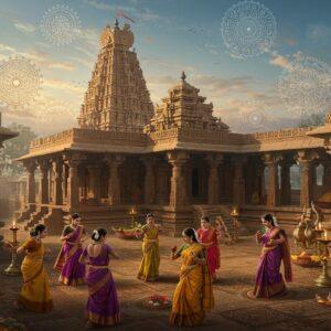 A majestic aerial view of ancient Haveri temple architecture seamlessly blending with contemporary elements, featuring intricate Hoysala-style carved pillars in warm sandstone. In the foreground, a group of traditionally dressed Karnataka women perform Dollu Kunitha dance, their colorful silk sarees (in deep purple and mustard yellow) flowing gracefully. The scene includes detailed Madhubani-style borders showcasing local motifs like cotton flowers and spice plantations. The background reveals the iconic Siddhesvara Temple with its elaborate stepped tower structure, surrounded by floating mandalas and sacred geometric patterns in gold and peacock blue. Soft ethereal light bathes the scene, creating a mystical atmosphere with glowing diyas and floating lotus petals. The artwork combines hyperrealistic architectural details with surreal elements like translucent sacred threads connecting various cultural symbols. Art style merges traditional Karnataka temple art with modern digital techniques, emphasizing rich textures and atmospheric lighting. The composition includes subtle references to Haveri's cotton trade history through stylized cotton bloom motifs integrated into the mandala patterns.