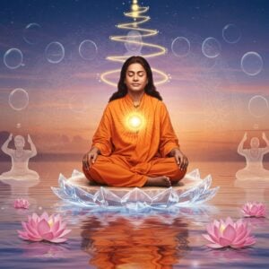 A serene portrait of Paramahansa Yogananda in his iconic flowing orange robes, seated in padmasana on a crystalline lotus platform, floating above a tranquil lake at dawn. His face radiates divine peace with a gentle smile, half-closed eyes in meditation, and long dark hair. Golden light emanates from his heart chakra, creating concentric rings of energy that ripple across the water. Multiple ethereal, translucent versions of himself performing various yoga poses fade into the background. The scene is surrounded by floating lotus flowers in pastel pink and white, with subtle Madhubani-style patterns in the water's reflection. Swirling energy patterns in golden light spiral upward, while glowing affirmation bubbles in soft blue auras float around him. The background features a gradient from deep indigo to soft rose gold sunrise, with delicate mandala patterns in the sky. The overall composition combines high-end digital art with traditional Indian artistic elements, creating a dreamlike, spiritual atmosphere with rich textures and modern lighting effects.