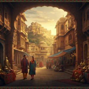 A mystical panoramic view of Western India at golden hour, featuring a majestic hilltop fort with intricate Rajasthani architecture in the background, its ancient stones glowing in warm sunlight. In the foreground, a bustling traditional market street with detailed Gujarati haveli facades decorated with ornate wooden carvings. A young Indian couple in modern fusion wear (she in contemporary kurti, he in casual shirt) exploring the scene. The market displays colorful textiles, brass artifacts, and spice collections in traditional measuring bowls. Ethereal light streams through the ancient archways, creating dramatic shadows. The scene includes hidden details like a small ancient stepwell peek-through, Warli art on walls, and local artisans working on Bandhani textiles. The color palette combines deep indigo, burnt orange, and gold with splashes of turquoise and crimson. Traditional Madhubani patterns frame the scene like a decorative border. Perspective should be immersive and cinematic, with photorealistic quality mixed with subtle artistic enhancement. Lighting should create a sense of discovery and adventure, with god rays filtering through ancient architecture.