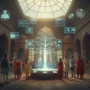 A grand architectural vista featuring a fusion of ancient Indian gurukul and modern university elements, with soaring glass-and-steel structures seamlessly blending with traditional red-brick domes and archways. In the foreground, a diverse group of young Indian students in modern attire gather around a central holographic projection displaying scientific formulas, cultural symbols, and technological interfaces. The scene is illuminated by both natural sunlight streaming through modernistic skylights and warm traditional brass lamps. Intricate Madhubani-style patterns adorn the walls, featuring sacred geometry and educational motifs in deep indigo, burnished gold, and copper tones. Floating above are ethereal, translucent representations of various career paths - medical symbols, coding interfaces, space technology, and classical arts - rendered in glowing pastel blues and soft golds. The composition includes symbolic elements like a partly digital, partly traditional tree of knowledge, with its roots in ancient scriptures and branches extending into futuristic technological interfaces. The lighting creates a dramatic interplay of light and shadow, with soft golden hour illumination washing over the scene. Hyperrealistic digital art style with surreal elements, emphasizing both tradition and innovation.