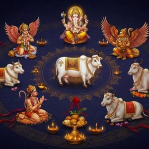 A majestic scene featuring sacred Hindu animals arranged in a circular mandala pattern against a deep indigo background. In the center, a divine white cow adorned with flowers and golden bells, radiating a soft golden aura. Around it, Lord Ganesha's elephant form in pearl white with intricate gold patterns, Hanuman in his powerful monkey form with a red dhoti and golden ornaments, Garuda with magnificent spread wings in bronze and gold feathers, and Nandi bull in stone-grey with silver ornaments. Each animal surrounded by their symbolic elements - lotus flowers for the cow, modak sweets for the elephant, mountains for Hanuman, soaring clouds for Garuda, and vibrant marigolds for Nandi. The composition features intricate Madhubani-style border patterns in gold and deep maroon. Floating diyas and glowing orbs create a mystical atmosphere. The scene incorporates flowing ribbons of sacred threads in saffron and red. Soft ethereal light bathes the scene, highlighting the divine connection. The art style merges traditional Indian Pattachitra techniques with modern digital art, featuring rich jewel tones and metallic accents. Hyper-detailed, 8k resolution, cinematic lighting.