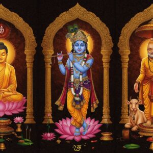 A grand triptych composition featuring three ornate golden archways, each housing iconic religious figures - in the center, Lord Krishna in blue hue playing flute with 4 hands, adorned with peacock feather crown and pitambara; on the left, Buddha in meditation pose on lotus throne with half-closed eyes and ushnisha, radiating serene golden light; on the right, a standing Mahavira in contemplation with three-tiered umbrella above. Each figure surrounded by their distinctive symbols - Krishna with sacred cow and tulsi plant, Buddha with bodhi tree and dharma wheel, Mahavira with lion and srivatsa symbol. The background features intricate Madhubani-style patterns merging into digital mandala forms. Sacred geometry patterns flow between sections, connecting all three traditions. Rich jewel tones of deep sapphire, saffron, and maroon dominate, with ethereal glowing halos behind each figure. Floating lotus flowers, bells, and incense swirls create depth. The art style combines traditional Indian miniature painting techniques with modern digital art, featuring high detail and metallic accents. Soft light emanates from each figure, creating a mystical atmosphere.