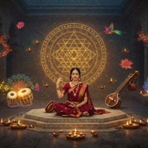 A mystical scene featuring an ethereal Indian classical music performance set in an ornate ancient temple courtyard. A female vocalist in a flowing silk saree (deep maroon and gold) sits cross-legged on an intricately carved marble platform, her eyes closed in deep concentration, her hand gracefully raised in musical expression. Around her, traditional instruments float and glow: a golden veena with delicate string patterns, a pair of tablas emanating sound waves in mandala patterns, and a santoor reflecting moonlight. The background features a large, glowing geometric yantra design in gold and peacock blue, with musical notes transforming into flying birds. Floating lotus flowers and diyas create circles of soft light. The scene is rendered in a fusion of Madhubani and digital art styles, with rich jewel tones and metallic accents. Swirling patterns of ragas visualized as colorful energy streams (in saffron, deep blue, and gold) flow through the air. The lighting is dreamy and ethereal, with soft golden highlights and deep shadows creating a three-dimensional effect. The overall composition suggests divine harmony and spiritual transcendence.