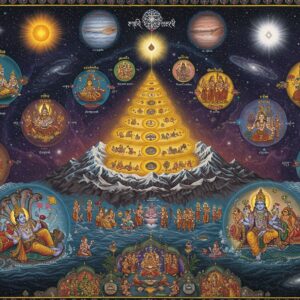 A grand cosmic scene depicting the Hindu universe with Mount Meru as a golden spiral mountain at the center, emanating divine light. The seven upper realms (lokas) float as crystalline spheres above, each with distinct pastel colors - Bhuloka in earthen brown, Bhuvarloka in deep blue, Svargaloka in golden light, ascending to Satyaloka in pure white. Below, the seven lower realms (patalas) appear as iridescent underwater kingdoms. Lord Vishnu reclines on Shesha Naga in the Cosmic Ocean, his four hands holding conch, discus, mace, and lotus. Brahma emerges from a golden lotus at his navel. The scene includes intricate Madhubani-style patterns of stars, galaxies, and celestial beings. Multiple suns and moons orbit the realms. The Milky Way appears as flowing cosmic rivers of light. Sacred geometry patterns and mandalas frame the composition. The art style combines traditional Indian miniature painting techniques with modern digital art, featuring rich colors like deep indigo, cosmic purple, celestial gold, and ethereal turquoise. Surreal lighting effects create a mystical atmosphere with glowing halos and divine rays. A mix of photorealistic space elements with stylized Indian art motifs.