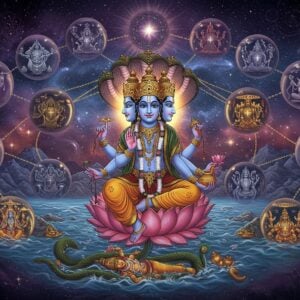 A cosmic scene depicting Lord Brahma with four faces and four arms seated on a blooming lotus emerging from Lord Vishnu's navel, who reclines on the cosmic serpent Shesha floating in the cosmic ocean. Brahma holds vedas, water pot, lotus, and rosary in his hands. Above, multiple spherical universes float like soap bubbles, each containing intricate mandalas and galaxies in deep purples and cosmic blues. Mount Meru rises in the center, connecting different lokas represented by concentric rings of golden light. The scene includes the seven higher lokas and seven lower lokas, depicted as interconnected realms with distinct characteristics - from the ethereal Satya-loka at the top to the dark Patala at the bottom. Surreal cosmic energy streams flow between realms in luminescent gold and electric blue. The art style combines traditional Pattachitra patterns with modern digital art techniques, featuring a color palette of deep space blues, cosmic purples, celestial golds, and ethereal whites. The composition has a surreal, dream-like quality with floating sacred geometry patterns, stars, and subtle Sanskrit symbols emerging from cosmic mist.