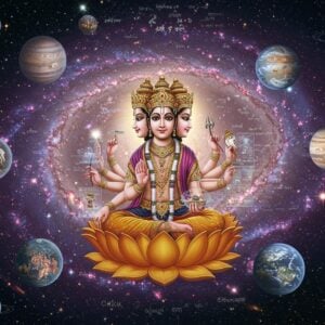 A stunning cosmic scene merging Hindu and scientific imagery: Lord Brahma seated in padmasana on a blooming golden lotus, with four heads and hands performing cosmic calculations using modern holographic displays. Around him, a spiral galaxy forms a massive mandala pattern with constellations and nebulae in deep purples, blues, and golds. Ancient Sanskrit symbols float ethereally, transforming into scientific equations and DNA helixes. The background shows multiple universe spheres (brahmandas) containing both ancient Vedic cosmological layers and modern astronomical phenomena. Time cycles (yugas) are represented as intertwining golden rings with quantum particles dancing around them. The scene is illuminated by both divine light and cosmic radiation, creating an otherworldly glow. Intricate Madhubani patterns form the cosmic web structure connecting everything. The art style combines hyperrealistic space photography with traditional Indian miniature painting techniques, rendered in ultra-high definition with rich, deep colors and precise details. Multiple planets in various stages of creation float in the scene, each containing tiny scenes from both Vedic and scientific creation theories.