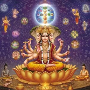 A grand cosmic scene depicting Lord Brahma seated in deep meditation on a thousand-petaled golden lotus emerging from Lord Vishnu's navel, who reclines on the cosmic serpent Shesha. Brahma has four heads facing cardinal directions, wearing gold-embroidered saffron robes, each hand holding Vedas, prayer beads, water vessel, and lotus. Above, the cosmic egg (Brahmanda) floats, rendered as a luminous sphere with intricate Madhubani-style patterns showing multiple realms of existence. The seven lokas are visualized as ascending, concentric rings with distinct color gradients from earthly browns to celestial blues. Celestial beings and rishis float in ethereal poses around the spheres. The background features a massive mandala pattern with sacred geometry, adorned with constellations and nebulae in deep purples and blues. Floating lotus flowers and sacred symbols like Om and swastikas (in their traditional spiritual form) appear as glowing elements. The scene is illuminated by divine light, creating a dreamy, spiritual atmosphere. The art style combines hyperrealistic digital rendering with traditional Indian art patterns, featuring rich jewel tones and metallic gold accents. The overall composition suggests infinite cosmic scale and divine harmony.