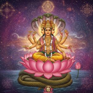 A mesmerizing cosmic scene depicting Lord Brahma (four-headed, golden-skinned) seated in padmasana on a giant pink lotus emerging from Lord Vishnu's navel, who reclines on the coiled cosmic serpent Shesha with its seven heads forming a protective canopy. Vishnu floats on the cosmic ocean of milk (Kshirsagar). The background shows the cyclical nature of universe with intricate mandalas representing different lokas (realms), rendered in deep purples, cosmic blues, and golden hues. Multiple galaxies, stars, and nebulae swirl around in sacred geometric patterns. The scene includes the Mount Meru axis mundi in gold, connecting different realms. Small details include the seven sacred rishis as stars (forming Big Dipper), the cosmic egg (Hiranyagarbha) emitting golden light, and time cycles represented by rotating wheels with Sanskrit symbols. A ethereal blend of traditional Pattachitra art style with modern digital space art aesthetics, featuring rich textures, intricate patterns, and a luminous quality. The lighting emphasizes the divine nature with soft glows and halos around the deities.