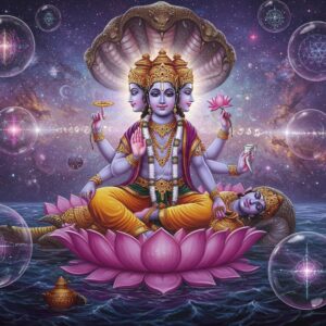 A mesmerizing cosmic scene depicting Lord Brahma with four heads, seated in padmasana on a giant lotus, emerging from Lord Vishnu's navel. Vishnu reclines on Shesha Naga floating in the cosmic ocean. Multiple universe bubbles float around them, each containing its own miniature creation. The universes are rendered as intricate mandalas with sacred geometry patterns in deep purples, cosmic blues, and gleaming gold. Each bubble reflects modern physics concepts - quantum fields, string theory vibrations, and gravitational waves rendered as luminous patterns. Lord Brahma's four hands hold the Vedas, a lotus, a water pot, and a string of prayer beads. Ethereal light streams through the scene, creating a bridge between ancient and modern cosmology. The background features the cosmic dance of galaxies, nebulae, and celestial bodies in rich jewel tones. Sacred Sanskrit symbols float subtly in the cosmic space. Hyperrealistic digital art style merging with traditional Thanjavur painting aesthetics, extreme detail, cinematic lighting, creating a sense of infinite depth and wonder.