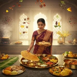 A grand Indian kitchen setting with ethereal golden light streaming through ornate windows, showing diverse regional cooking styles seamlessly blending together. In the center, a traditionally dressed Indian woman in a silk maroon saree with gold border gracefully arranges dishes on a magnificent brass thali. The thali displays vibrant regional specialties: South Indian dosas and coconut chutneys, North Indian butter naans and colorful curries, Bengali fish curry, and Gujarati dhokla, each dish floating slightly with a subtle golden aura. Decorative Madhubani-style patterns adorn the kitchen walls, featuring intricate motifs of fruits, spices, and cooking vessels. Floating mandalas made of common Indian spices - turmeric, red chilies, cardamom, and cinnamon - spiral in the background. The scene is enhanced with modern elements like polished granite countertops and sleek cookware, while traditional brass utensils and banana leaves add authenticity. Soft pastel smoke with hints of saffron and spices swirls through the air, creating a dreamlike atmosphere. The lighting is warm and inviting, with focus on the golden highlights of the dishes and utensils.