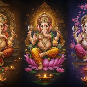A grand celestial panorama showing Lord Ganesha manifesting in three distinct cultural interpretations side by side - in the center, the traditional Indian Ganesha seated on a lotus throne, four-armed holding modak, axe, lotus and his broken tusk, wearing silk dhoti and precious gems; to the left, a Southeast Asian interpretation with Balinese-inspired ornate crown, seated in a tropical temple setting with intricate carvings; to the right, a modern Japanese anime-inspired Ganesha with sleek lines but maintaining divine elements. Each version surrounded by culture-specific artistic motifs - Indian mandalas, Indonesian batik patterns, and Japanese sakura blossoms. The scene bathes in ethereal golden light with swirling cosmic energy connecting all three interpretations. Floating lotus flowers, glowing diyas, and spiritual symbols create depth. Style combines hyperrealistic digital art with traditional Madhubani patterns in the background. The color palette features deep maroons, royal blues, and burnished golds with subtle pastel undertones. Each Ganesha's face radiates divine serenity while showcasing distinct cultural artistic elements in their features and adornments.
