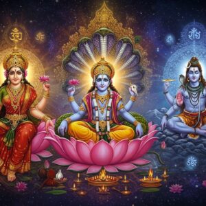 A majestic cosmic scene featuring three prominent Hindu deities in a triangular composition: Lord Vishnu in the center, reclining on the cosmic serpent Shesha, with four arms holding Sankha (conch), Chakra (disc), Gada (mace), and lotus flower, wearing pitambara (yellow garment) and crowned with a golden kiritam. To his right, Lord Shiva in deep meditation pose on Mount Kailash, with crescent moon in his matted locks, third eye visible, cobra around his neck, holding trishul and damaru, body smeared with vibhuti. To the left, Goddess Lakshmi seated on a giant pink lotus, four-armed, holding lotus flowers in two hands, other hands in abhaya and varada mudras, wearing red silk saree with gold border. Behind them, a massive ornate mandala glowing with divine light, surrounded by smaller intricate mandalas and sacred geometric patterns. The background features mystical Sanskrit symbols floating ethereally, rendered in golden light. The scene is enhanced with floating lotus flowers, divine sparkles, and swirling cosmic energy in deep blues, purples, and golds. Art style combines hyperrealistic digital rendering with traditional Madhubani patterns and motifs, creating a modern yet culturally authentic aesthetic. The lighting is dramatic with divine glow emanating from each deity.