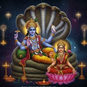 A majestic composition featuring Lord Vishnu in his cosmic form, reclining on the coiled serpent Shesha Naga against a deep cosmic background with swirling galaxies. His four hands hold their signature items - the Sudarshana Chakra (top right), the conch shell (top left), the lotus flower (bottom right), and the mace (bottom left). His skin is deep blue-hued, wearing golden ornaments and a pitambara dhoti. Goddess Lakshmi sits at his feet, dressed in a red silk saree with gold border, performing seva. The scene is framed by intricate Madhubani-style patterns featuring peacocks and lotus motifs in rich jewel tones. Floating mandalas in ethereal gold and white light create a divine atmosphere. The art style merges hyperrealistic digital rendering with traditional Indian art elements, featuring rich colors like deep sapphire, royal gold, and crimson. Soft light emanates from Vishnu's form, creating a serene yet powerful atmosphere. Multiple smaller vignettes in circular frames surround the main scene, showing other deities like Ganesha, Shiva, and Durga in their traditional iconographic forms, each with their distinct weapons and vahanas, connected by flowing lines of golden light.