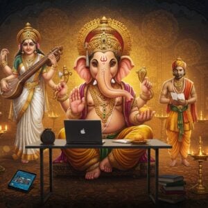 A divine ethereal scene showing Lord Ganesha (with elephant head, large ears, and trunk holding a modak) seated on a contemporary minimalist office desk with a laptop, while behind him appears a translucent vision of Goddess Saraswati (in white saree, holding veena) blessing a student studying, and Lord Kubera (adorned in gold jewelry) guiding a modern Indian businessman. The scene is set in a surreal space where traditional temple architecture merges with modern interior design. Soft golden light emanates from multiple ornate mandalas floating in the background. Intricate Madhubani-style patterns flow through the scene in deep peacock blue and saffron colors. Modern objects like smartphones and books seamlessly blend with traditional items like diyas and lotus flowers. The style combines hyperrealistic digital art with traditional Indian art motifs, featuring rich textures and metallic gold accents. The lighting creates a warm, spiritual atmosphere with subtle lens flares and ethereal glows.