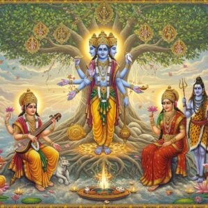 A grand celestial scene depicting the divine Hindu family tree, centered around Lord Brahma (four-headed, wearing saffron robes, holding vedas), Vishnu (four-armed, holding conch, chakra, mace, and lotus, wearing pitambara and vaijayanti mala), and Shiva (three-eyed, crescent moon on head, holding trishul and damru) connected by intricate golden threads of light forming a sacred geometry pattern. Goddess Saraswati (in white, playing veena) near Brahma, Goddess Lakshmi (in red-gold saree, holding lotus) near Vishnu, and Goddess Parvati (in red saree with gold border) near Shiva. Their divine children - Ganesha (elephant-headed, holding modak), Kartikeya (holding vel), positioned below. The background features a massive, ethereal tree with roots made of flowing cosmic energy, branches forming mandalas. The scene is illuminated by soft, divine light in pastel gold and blue hues. Intricate Madhubani-style patterns adorn the borders, while floating lotus flowers and peacock feathers add depth. The art style combines traditional Indian iconography with modern digital art techniques, creating a sophisticated, contemporary spiritual aesthetic.