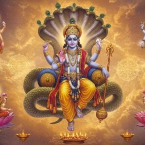 A majestic scene depicting Lord Vishnu in his cosmic form, floating in a celestial ethereal space filled with swirling golden light and mystical energy. He has four arms - upper right hand holding the Sudarshan Chakra emitting divine flames, upper left hand holding a conch shell with spiritual energy emanating from it, lower right hand holding a golden lotus flower, and lower left hand holding his divine mace Kaumodaki. He is wearing rich royal blue and golden vestments with intricate Madhubani-style patterns. His crown is adorned with precious gems and peacock feathers. He reclines on the cosmic serpent Shesha with 1000 heads forming a protective canopy. The background features floating mandalas and yantra patterns in deep saffron and peacock blue. Around him are smaller ethereal representations of other major deities - Goddess Lakshmi in red-gold saree seated on a lotus, Lord Shiva in meditation with crescent moon, and Lord Ganesha with his trunk curled in blessing. The scene is illuminated with divine light in soft pastel hues of pink and blue. Photorealistic digital art style with elements of traditional Indian art, hyperdetailed, cinematic lighting, otherworldly glow.