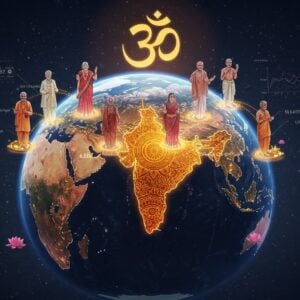 A magnificent aerial view of planet Earth rendered in traditional Indian Madhubani art style, with India prominently glowing in deep saffron and gold. The continents feature intricate mandala patterns in peacock blue and maroon. Floating above the globe are ethereal, translucent figures representing diverse Hindu populations - elderly, young, men, women, and children - dressed in modern yet traditional Indian attire. Streams of golden light connect these figures, forming a luminous network across the globe. In the background, a large spiritual Om symbol radiates soft pastel pink and blue light. The scene includes floating lotus flowers and sacred threads that transform into flowing data streams. The art style combines photorealistic elements with traditional Indian patterns, creating a modern infographic feel while maintaining spiritual aesthetics. The lighting is ethereal with a combination of soft ambient glow and sharp golden highlights, suggesting divine presence and global unity. Statistical elements are represented through abstract sacred geometry patterns and flowing light streams rather than numbers.