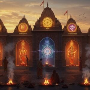 A grand ethereal temple courtyard at dawn with five distinct spiritual paths represented by illuminated archways, each adorned with their respective deities and symbols - a Shaivite arch with Trishul and vibhuti, Vaishnava arch with lotus and tilak, Shakta arch with Sri Chakra and kumkum, Ganapatya arch with modak and swastika, and Smartha arch with combined symbols. Modern Indian devotees in contemporary clothing performing distinct worship practices at each arch. The scene is bathed in golden morning light with swirling mystical energy patterns connecting all paths. Sacred geometry mandalas float in the air, while digital holographic projections of ancient Sanskrit texts shimmer between the arches. Intricate Madhubani-style patterns decorate the temple walls in deep maroon and peacock blue. Smoke from ceremonial fires creates ethereal patterns, while lotus petals float in the air. The composition emphasizes unity in diversity through a harmonious color palette of saffron, gold, and deep purples. Photorealistic rendering with magical realism elements, cinematic lighting, and atmospheric depth.