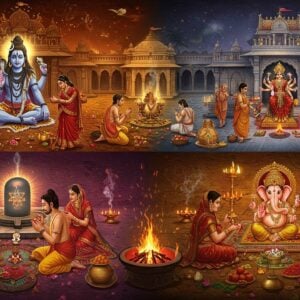 A grand temple courtyard split into four distinct sections, each representing major Hindu denominations. In the Shaivite quarter, Lord Shiva in meditation pose with four hands holding trishul, damaru, lotus, and abhaya mudra, surrounded by vibhuti-adorned devotees performing rudrabhishekam with sacred water flowing over a crystal lingam. The Vaishnava quarter shows devotees in traditional dhoti and angavastram performing tulsi puja, with an ethereal vision of Lord Vishnu floating above, four-armed holding shankha, chakra, gada, and padma. The Shakta quarter depicts women in red silk sarees performing kumkum archana around a yantra, with a soft golden aura of Goddess Durga manifesting above. The Ganapatya section shows modaks and red flowers around a golden Ganesha idol. The scene is rendered in a fusion of Madhubani and digital art style, with intricate mandala patterns connecting all sections. Soft glowing diyas, floating lotus flowers, and trailing incense smoke create a mystical atmosphere. The color palette features deep maroons, saffron, peacock blue, and gold, with modern lighting effects creating a contemporary spiritual ambiance. In the center, a large sacred fire pit connects all sections with rising golden flames.