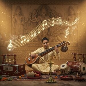 A serene indoor temple setting with warm golden light streaming through ornate windows, where an ethereal Indian classical musician plays a beautifully decorated veena adorned with peacock motifs and lotus patterns. The musician wears a silk cream-colored kurta with intricate gold embroidery. Around them, traditional instruments are artistically arranged - a harmonium with intricate wooden carvings, brass temple bells, a mridangam decorated with traditional designs, and silver manjiras catching light. Floating in the air are luminous musical notes transformed into delicate mandalas and swirling patterns in deep saffron and royal blue. The background features a large carved stone wall with relief sculptures of celestial musicians (Gandharvas) in traditional Madhubani style. Soft pastel-colored smoke wisps form the shapes of dancing deities. The scene is illuminated by multiple brass diyas creating a divine atmosphere with their warm glow. The overall composition follows a modern digital art style while maintaining traditional Indian artistic elements, with an emphasis on spiritual symbolism and musical harmony. The lighting should be dreamy and ethereal, with golden hour warmth and subtle lens flares.