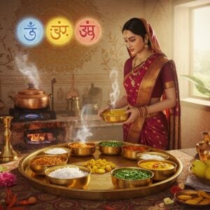 A serene kitchen scene with a traditional Indian woman in a silk saree (deep maroon with gold border) preparing food on a brass thali. The thali is intricately decorated with mandala patterns and contains separate compartments filled with colorful sattvic foods - golden yellow dal, white rice, green vegetables, and fresh fruits. Floating above the scene are ethereal, glowing symbols representing the three gunas: sattva (crystal white lotus), rajas (flowing red ribbons), and tamas (deep blue shadows). The background features a large, ornate Madhubani-style sun motif in gold and saffron. The kitchen walls showcase delicate Pattachitra-style illustrations of sacred plants like tulsi and banana leaves. Soft, divine light streams through a window, casting a warm glow on copper and brass utensils. Small details include a sacred thread tied to the stove, fresh flowers in a copper vase, and wisps of aromatic steam rising from the food. The overall color palette combines rich traditional colors (deep maroon, saffron, gold) with serene pastels (soft blue, pale yellow). The art style merges hyperrealistic digital rendering with traditional Indian art motifs, creating a modern yet culturally rooted aesthetic.