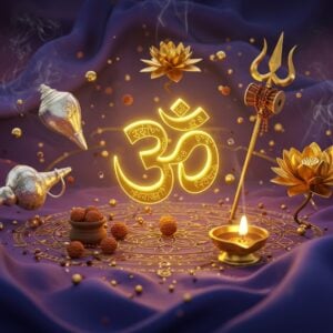 A grand, ethereal composition featuring intricately detailed Hindu symbols floating in a dimensional spiritual space. At the center, a large, luminous Om symbol crafted in gold with Sanskrit etchings radiates divine light. Surrounding it, perfectly arranged in a circular mandala pattern, are key Hindu symbols: a silver conch shell emitting sacred vibrations, a golden lotus in full bloom, Lord Shiva's trident adorned with rudraksha beads, a protective swastika emanating auspicious energy, and a gleaming brass diya with a cosmic flame. The background features layers of translucent, flowing silk in deep royal purple and celestial blue, with subtle Madhubani-style patterns. Sacred geometry patterns in gold thread weave through the scene, connecting all elements. Floating crystal-like particles and soft light rays create depth. The scene is enhanced with delicate smoke trails of sandalwood incense, creating an atmosphere of divine mystery. Art style combines hyperrealistic 3D rendering with traditional Indian artistic elements, maintaining photorealistic textures while incorporating ornate details and patterns. The lighting is warm and ethereal, with god rays filtering through the scene.