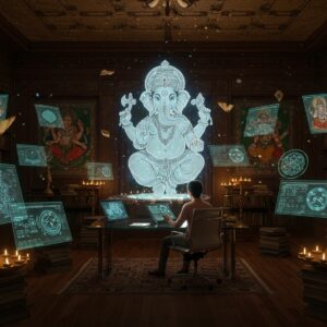 A grand, richly detailed study room blending traditional and modern aesthetics, centered around a luminous 3D holographic projection of Lord Ganesha (four arms, riding his mouse, holding modak, lotus, broken tusk, and axe). The room features polished teak wood walls adorned with intricate Madhubani-style paintings of various Hindu deities. Multiple floating digital screens display detailed mudras and sacred geometry. A young Indian scholar in contemporary clothing sits at a modern glass desk, surrounded by both ancient palm leaf manuscripts and high-tech tablets. Ambient lighting consists of soft golden orbs resembling diyas, casting a warm glow. The background shows floor-to-ceiling bookshelves containing ancient texts with spines in Sanskrit. Ethereal mandalas float in the air, rendered in glowing neon blues and soft golds. Digital scanning beams analyze and decode various Hindu symbols and artifacts displayed on floating pedestals. The scene should have photorealistic quality with magical realism elements, deep rich colors, and subtle particle effects suggesting divine energy. Include detailed Pattachitra-style border patterns framing the scene.
