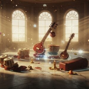 A serene indoor temple setting with golden light streaming through ornate windows, where traditional Indian musical instruments are arranged in a mesmerizing spiral pattern. At the center, a beautifully carved rosewood veena emits ethereal, visible sound waves in shimmering gold and blue. Surrounding it in concentric circles are other instruments: silver sitar, bronze bells, tabla pairs, bamboo flutes, santoor, and tambura, each with subtle glowing auras in different pastel hues. Intricate Madhubani-style patterns float in the air, transforming into modern geometric holograms. Small floating mandalas and lotus motifs emerge from the instruments' sound paths, creating a visual representation of music. The scene is illuminated by both traditional brass temple lamps and modern floating orbs of light. The color palette combines deep maroons and peacock blues with modern metallic accents. Hyper-realistic digital rendering with atmospheric fog and particle effects, creating a bridge between ancient traditions and futuristic aesthetics. Soft morning light streams through modern glass panels, casting sacred geometric shadows across the marble floor.