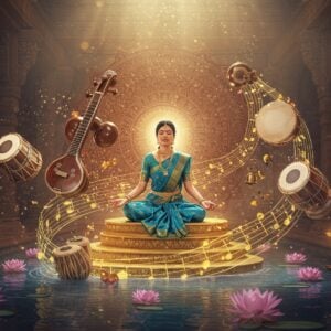 A mesmerizing scene featuring a divine Indian classical music concert set in an ethereal temple courtyard. A graceful Indian female vocalist in a flowing silk saree (peacock blue and gold) sits cross-legged on an ornate platform, her eyes closed in devotion, surrounded by a glowing golden aura. Around her, traditional instruments float in a spiral pattern: an intricately carved wooden veena with peacock motifs, golden bells, a decorated mridangam, a shimmering tambura, and silver manjiras. Lotus flowers in pastel pink emerge from sacred waters below, their petals transforming into musical notes. The background features a large, detailed mandala in Madhubani style with intricate patterns in deep maroon and saffron. Soft rays of divine light filter through ornate temple pillars, creating a mystical atmosphere. Small particles of light dance around the instruments. The scene combines photorealistic rendering with traditional Indian art patterns, emphasizing both spirituality and musical harmony. The lighting is warm and ethereal, with a focus on gold and soft blues.