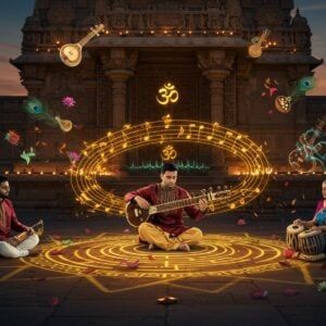 A mesmerizing Indian classical music concert scene in a grand temple courtyard at dusk, featuring three musicians in modern yet traditional attire (silk kurtas in deep maroon and gold). The central figure plays a golden sitar, surrounded by intricate mandalas of sound waves visualized in glowing saffron and turquoise hues. To the right, a tabla player's hands create ripples of divine energy, while a female vocalist in a peacock blue silk saree raises her hand in devotion. Floating musical instruments (veena, flute, mridangam) appear as ethereal golden outlines. The background features a massive ornate temple entrance with Carnatic music patterns carved in stone. Diya lamps float in circular patterns, their flames dancing to the rhythm. Sacred symbols like Om and lotus flowers emerge from the musical notes, rendered in a fusion of Madhubani and digital art style. The scene is illuminated by both traditional oil lamps and modern stage lighting, creating a magical interplay of warm golden light and cool blue shadows. Peacock feathers and flower petals float in a spiral pattern, following the flow of the music.