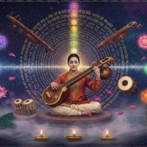 A serene Indian classical musician in silk kurta playing a golden veena, seated in padmasana on a floating lotus platform amidst ethereal mist. The background features concentric mandalas made of Sanskrit vibrations visualized as golden sound waves. Swirling around are mystical representations of seven main chakras as glowing orbs in their respective colors. Multiple traditional instruments - tabla, tambura, flute - hover weightlessly, emanating soft light. The scene is illuminated by warm candlelight and moonlight creating a dreamy atmosphere. Peacock feathers and lotus petals float gracefully. The color palette combines deep royal blues, cosmic purples, spiritual golds, and soft whites. The musician's face shows deep meditative peace with a subtle golden aura. Intricate Madhubani-style patterns adorn the borders. Several transparent layers of cosmic energy waves flow through the scene. The art style merges photorealistic rendering with mystical Indian traditional art elements, enhanced by volumetric god rays and particle effects.