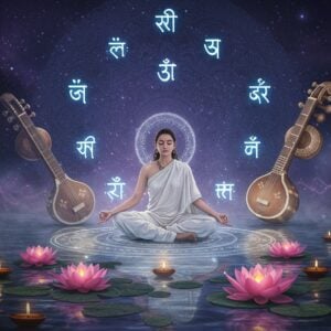 A serene Indian woman in flowing white silk robes meditating in padmasana pose, floating above a reflective pool of still water. She's surrounded by 7 concentric rings of glowing Sanskrit Om symbols in gold and soft blue light. Traditional Indian instruments - veena, flute, and tambura - manifest as ethereal, luminescent forms around her. Delicate lotus flowers in pastel pink emerge from the water, their petals emitting a subtle phosphorescent glow. The background features a large mandala pattern in deep indigo and gold, with intricate Vedic geometric patterns. Swirling waves of visible sound in shades of purple and gold flow through the scene like celestial music notes. Multiple small oil lamps with gentle flames float on lotus leaves, creating dancing reflections in the water. The overall scene is bathed in a dreamy, misty atmosphere with soft moonlight filtering through, creating an otherworldly ambiance. The art style combines traditional Madhubani patterns with modern digital art techniques, emphasizing a mystical, ethereal quality. Cosmic stars and nebulae subtly visible in the background suggest universal harmony.