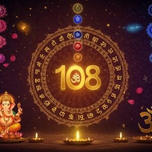 A mystical circular composition centered around the sacred number 108 formed by glowing golden Sanskrit numerals, emanating divine light. The numbers transform into interconnected mandalas with concentric patterns. At the cardinal points, four significant elements: Lord Ganesha with four arms holding lotus, modak, and blessing mudra in deep saffron hues; the seven chakras rising vertically in their respective colors; the nine planets (Navagrahas) arranged in celestial formation with cosmic blues and purples; and three intertwined Om symbols representing the Trimurti. The background features intricate Madhubani-style patterns in deep maroon and peacock blue, with subtle sacred geometry. Floating lotus petals and spiritual symbols like trishul, conch, and swastika arranged in mathematical symmetry. The scene is illuminated by ethereal light creating a three-dimensional depth, with soft glowing orbs and spiritual energy streams connecting all elements. The art style combines traditional Indian patterns with modern digital art techniques, featuring rich metallics and translucent layers. Hyperrealistic rendering with subtle particle effects and divine aura.