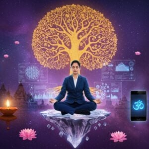 An ethereal scene showing a young Indian professional woman in modern business attire (navy blue suit) seated in padmasana (lotus position) on a floating crystalline platform. She's interfacing with multiple holographic screens displaying ancient Sanskrit texts and modern data visualizations. Behind her, a massive golden Tree of Life emerges, its branches forming intricate mandalas and sacred geometry patterns. The tree's roots transform into circuit board patterns, symbolizing the merger of ancient and modern. On her left floats a traditional clay diya with a digital flame, and on her right, a modern smartphone displaying the Om symbol in neon blue. The background features a cosmic blend of deep purple and indigo, with floating particles of light forming subtle Vedic symbols. Soft golden light emanates from the woman's aura, while small floating lotuses in pastel pink and white orbit around her. The art style combines hyperrealistic digital rendering with traditional Madhubani patterns in the details. Multiple translucent layers of reality overlap, showing both ancient temple architecture and modern cityscapes blending seamlessly.