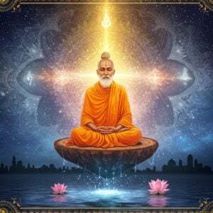 A serene Indian sage in traditional saffron robes seated in padmasana on a floating lotus platform, radiating golden light against a cosmic backdrop. The background features intricate Madhubani-style mandalas in deep indigo and gold, seamlessly transitioning into modern sacred geometry patterns. Multiple translucent layers show various mudras floating in ethereal space. The scene includes subtle visual metaphors: a blooming lotus representing enlightenment, flowing water symbolizing wisdom, and a modern cityscape silhouette below reflecting in still water. The sage's face exhibits deep peace and wisdom, with a subtle smile. Swirling energy patterns in pastel blues and soft pinks create a bridge between ancient and modern elements. The lighting combines warm golden rays from above with cool, mystical blue undertones. Traditional Indian patterns and motifs adorn the edges, featuring peacock feathers and intricate paisley designs. The composition maintains a perfect balance between traditional spiritual elements and contemporary digital art aesthetics, with a dreamy, ethereal quality enhanced by particle effects and light beams.