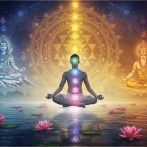 A serene meditation scene depicting a young Indian yogi in padmasana (lotus position) floating above a tranquil lotus pond, wearing traditional white dhoti. His body is semi-transparent, revealing seven glowing chakras aligned vertically. Behind him, a large, intricate Sri Yantra mandala radiates golden light. The background features ethereal representations of Hindu deities: Lord Shiva in meditation on Mount Kailash, Patanjali in his half-serpent form teaching yoga, and sacred Sanskrit symbols floating like cosmic dust. The scene is bathed in soft, mystical light with swirling energy patterns in deep indigo and saffron. Madhubani-style decorative patterns frame the corners, while modern digital gradient effects create depth. Floating lotus flowers, some realistic and others stylized in Pattachitra style, surround the scene. The atmosphere combines spiritual tranquility with cosmic energy, featuring subtle sacred geometry patterns and delicate light rays. Hyperrealistic rendering with elements of spiritual surrealism, 8k quality, cinematic lighting.