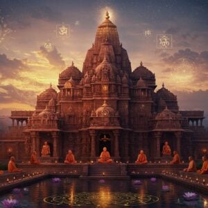 A grand, majestic ancient Indian temple complex rising into a mystical twilight sky, its architectural elements morphing seamlessly into philosophical symbols. The temple's gopuram features intricate Madhubani-style carvings depicting the evolution of Hindu thought, with golden mandalas and Sanskrit symbols floating ethereally around it. The foreground shows a serene water reflection pool where lotus flowers bloom, their petals transforming into cosmic spirals. Multiple levels of the temple represent different schools of philosophy - Vedanta, Samkhya, and Yoga - each depicted through distinctive architectural elements in deep maroon and saffron hues. Floating diyas and glowing orbs of warm light illuminate the scene, creating a dreamlike atmosphere. The temple's base features meditating sages in traditional Indian attire, their forms slightly translucent and merging with the temple's foundation. Peacock blue and gold accents highlight key architectural elements, while subtle rays of divine light pierce through clouds, casting sacred geometric patterns on the temple walls. The scene maintains photorealistic details while incorporating surreal, spiritual elements in a harmonious blend of traditional and modern artistic styles.