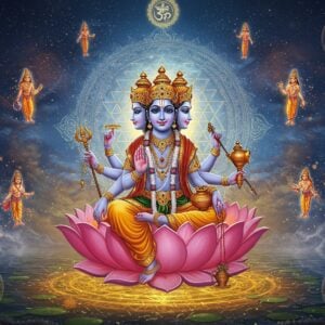 A majestic cosmic scene showing Lord Brahma (four-headed, each facing cardinal directions, four hands holding Vedas, water vessel, sacrificial ladle, and rosary) seated in padmasana on a giant pink lotus emerging from golden cosmic waters. Behind him, a large, intricately detailed Sri Yantra mandala glows with ethereal blue and gold light. The scene is surrounded by floating sacred symbols - Om, Swastika, and Dharma Wheel rendered in luminescent gold. Multiple layers of reality depicted through transparent veils showing karma cycles, reincarnation wheel, and the concept of Maya through subtle geometric patterns. The artwork combines hyperrealistic digital rendering with traditional Madhubani patterns. Ethereal mist with sparkling particles floats through the scene, while small fragments of ancient Sanskrit texts transform into golden light particles. The color palette features deep cosmic blues, celestial golds, vibrant saffron, and serene white, all rendered in high-detail digital art style with dramatic lighting and depth. Small scenes depicting key philosophical concepts like dharma, karma, moksha float as crystalline spheres around the main figure.