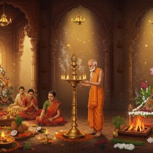 A serene Indian temple interior with golden light streaming through ornate windows, showing three distinct ritual scenes: In the foreground, an elderly priest in traditional dhoti performs an elaborate aarti ceremony with a golden lamp containing five flames, smoke from incense creating mystical patterns in the air. To the left, a modern Indian family (grandmother, parents, and children) sits in meditation before a magnificently decorated shrine with multiple brass diyas, fresh marigold garlands, and coconuts. To the right, a solemn funeral scene depicts a decorated bamboo bier with white flowers and tulsi leaves, surrounded by sacred fire. The entire scene is rendered in rich, deep colors - saffron, deep maroon, and peacock blue - with intricate Madhubani-style patterns on the temple walls. Floating mandalas and lotus motifs in gold and soft pastels add a spiritual dimension. The lighting is ethereal, with divine rays creating a mystical atmosphere. The temple architecture features detailed carved pillars with traditional Hindu symbols and motifs. Soft glowing auras surround the sacred elements, while subtle threads of spiritual energy connect all three scenes in flowing, luminescent patterns.
