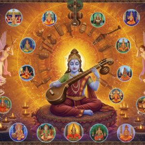 A divine scene featuring an ethereal Indian classical musician playing an intricately carved golden veena, seated in padmasana on a floating lotus platform. The musician wears a flowing silk saree in deep maroon with gold borders. Behind them, a massive ornate mandala structure radiates with concentric patterns of traditional Indian musical instruments - tablas, flutes, sitars, and mridangams arranged in sacred geometric patterns. Celestial apsaras in translucent pastel garments dance gracefully in spiral formations around the central figure. The background features swirling vibrant soundwaves in saffron and peacock blue, transforming into peacock feathers and lotus petals. Multiple small glowing orbs of light hover around, each containing miniature scenes of different forms of Hindu sacred music - bhajans, kirtans, and vedic chanting. The lighting is mystical with warm golden rays streaming through the scene, creating an otherworldly atmosphere. The art style combines traditional Madhubani patterns in the borders with modern digital art techniques, maintaining rich cultural motifs while achieving a contemporary spiritual aesthetic.