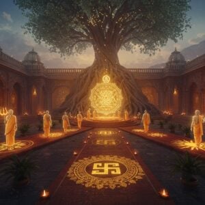 A grand ethereal temple courtyard with four distinct pathways converging at a central, glowing Sri Yantra mandala floating mid-air. Each path represents major Sampradayas - decorated with their distinct symbols: Shiva's trident and crescent moon (Shaiva), Krishna's peacock feather and flute (Vaishnava), Divine Mother's lotus and shakti symbols (Shakta), and the rising sun (Smartha). Indian devotees in traditional attire walking these paths, their forms semi-transparent and luminescent. The scene is illuminated by floating diyas and mystical golden light. Intricate Madhubani-style patterns adorn the temple walls, featuring sacred symbols like Om, swastika, and geometrical yantras. The color palette combines deep maroons, saffron, peacock blue, and gold with modern gradient effects. Ethereal smoke trails carry subtle hints of sacred symbols. The architecture blends ancient temple design with contemporary minimalist elements. In the background, a massive banyan tree with glowing roots spreads across the spiritual landscape. Photorealistic rendering with magical realism, high detail, cinematic lighting, volumetric god rays, and subtle particle effects.