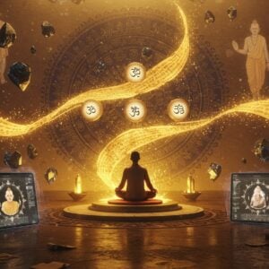 An ethereal scene showing ancient Sanskrit texts transforming into streams of golden light, floating through a modern minimalist meditation space. The streams weave through holographic displays showing Vedic wisdom. In the center, a young Indian person in contemporary clothes sits cross-legged on a floating lotus platform, surrounded by four glowing spheres representing the four Vedas. Behind them, a large intricate mandala pattern combines traditional Madhubani art elements with sleek digital interface designs in deep indigo and gold. Floating crystals emit soft light, while sacred symbols like Om, Swastika, and Sri Yantra appear as translucent 3D projections. The scene is bathed in a warm golden glow with hints of peacock blue and saffron. Traditional palm leaves with Sanskrit texts gracefully transition into modern tablet screens displaying the same wisdom. Ethereal spirits of ancient rishis appear as subtle luminous forms in the background. Art style combines hyperrealistic digital art with traditional Indian Pattachitra patterns, emphasizing both ancient spirituality and modern technology. The lighting should be mystical yet contemporary, with lens flares and subtle particle effects.