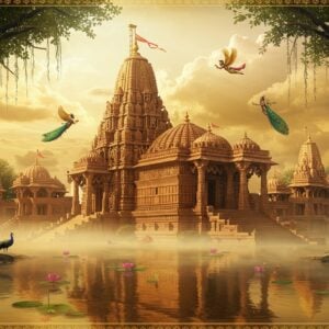 A majestic Hindu temple complex emerging from ethereal golden mist, featuring a towering main shikhara (spire) adorned with intricate Nagara-style architectural details. The temple's facade showcases elaborate carved sculptures of deities, celestial beings, and mythological scenes in traditional Indian stone carving style. Multiple smaller shrines with detailed mandapas (pillared halls) surround the main temple. The foreground features a sacred pushkarini (temple tank) reflecting the entire structure, with floating lotus flowers and subtle ripples. The scene is illuminated by warm, divine light streaming through clouds, creating dramatic shadows and highlighting the architectural details. Ornate geometric patterns and mandalas are carved into the temple walls, with hints of gold leaf accents. Flying celestial apsaras are depicted near the temple spires. The color palette includes deep sandstone reds, warm golds, and rich earth tones. The scene combines photorealistic architectural details with ethereal, mystical elements. The entire composition is framed by ancient banyan trees with hanging roots, and peacocks perched on the temple steps. Stylized in a fusion of traditional Madhubani patterns and modern digital art techniques, with attention to accurate architectural proportions and historical details.