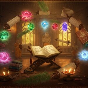 A mystical library setting with ancient scrolls and palm leaves floating in a spiral pattern, illuminated by golden divine light streaming through ornate temple windows. In the center, a beautifully detailed copper-colored book stand holds an open Sanskrit text with intricate Devanagari script. Surrounding the central piece are ethereal manifestations of Hindu sacred texts - the four Vedas represented by crystalline spheres in emerald, ruby, sapphire, and diamond hues, each emanating their distinct aura. The Bhagavad Gita appears as a radiant golden book with peacock feather bookmark. The scene is decorated with floating lotus flowers, glowing mandalas, and swirling energy patterns in deep maroon and saffron. Traditional Madhubani-style borders frame the scene, featuring sacred symbols like Om, Swastika, and geometric patterns. The lighting is warm and mystical, with floating oil lamps casting dancing shadows. The background shows subtle silhouettes of ancient rishis and sages in meditation. Art style combines hyperrealistic digital art with traditional Indian Pattachitra techniques, emphasizing rich textures and intricate details. The atmosphere is serene and scholarly with a touch of divine mysticism.