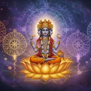 A cosmic scene showing Lord Brahma seated in deep meditation on a blooming golden lotus emerging from Lord Vishnu's navel, surrounded by intricate circular time wheels representing different Yugas. Each wheel has distinct patterns - golden for Satya Yuga, silver for Treta Yuga, copper for Dwapara Yuga, and iron for Kali Yuga. The wheels are adorned with Sanskrit symbols and sacred geometry. In the background, a massive cosmic clock face with constellation patterns merges into a spiral galaxy. Floating timepieces showing different Hindu time measurements circle around, with ethereal light streams connecting them. Lord Brahma has four heads, each facing different directions, wearing golden crown adorned with jewels, holding Vedas in upper right hand, lotus in upper left hand, water pot in lower right hand, and rosary in lower left hand. The scene features a color palette of deep cosmic blues, celestial purples, and radiant golds. Soft glowing orbs of light represent the passing of different time periods. The art style combines traditional Pattachitra patterns with modern digital art techniques, creating a surreal and mystical atmosphere.