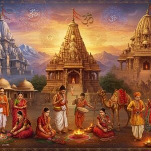 A grand panoramic scene showcasing four distinct Indian temples in different architectural styles - a snow-capped North Indian Nagara-style temple with curved shikhara, a South Indian Dravidian temple with stepped vimana, an Eastern Indian temple with curved deul, and a Western Indian temple with intricate sandstone carvings. Each temple glows with divine golden light. In the foreground, four groups of devotees in regional traditional attire perform distinct worship rituals - a Bengali family offering lotus flowers, a Tamilian group performing bharatnatyam as worship, Maharashtrian women creating rangoli with flowers, and Rajasthani devotees with decorated camels in a procession. The sky features ethereal mandalas in pastel hues of pink and blue, with sacred symbols like Om floating in golden light. Intricate Madhubani-style patterns frame the scene, while peacock feathers and lotus motifs connect the elements. The lighting is mystical with soft highlights on the temples and devotees, creating a serene atmosphere. The art style combines hyperrealistic architectural details with ethereal spiritual elements, rendered in deep jewel tones of maroon, saffron, and peacock blue with gold accents.