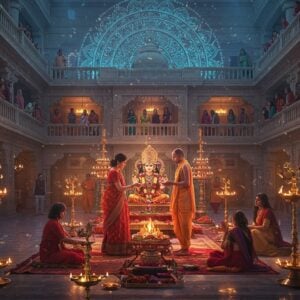 A striking tableau showing a modern Indian temple courtyard where a female priest in a contemporary silk saree performs a sacred ritual alongside a male priest, both standing equal at the altar. The scene is illuminated by both traditional brass diyas and modern LED lights creating a ethereal atmosphere. In the background, a large ornate mandala pattern merges traditional Madhubani art motifs with digital geometric designs, glowing in gold and electric blue. The foreground features young Indian women in modern business attire and traditional wear seamlessly participating in the ceremony. Floating lotus flowers and sacred threads intertwine with digital holographic elements. The color palette combines traditional vermillion, saffron, and deep purple with modern metallic and neon accents. Soft light rays filter through contemporary glass architecture mixed with ancient temple architecture. The scene is rendered in a hyper-realistic digital art style with magical realism elements, incorporating both Pattachitra patterns and modern minimalist design. Multiple levels of balconies show diverse groups of devotees, representing various ages and gender expressions, all bathed in warm, divine light.
